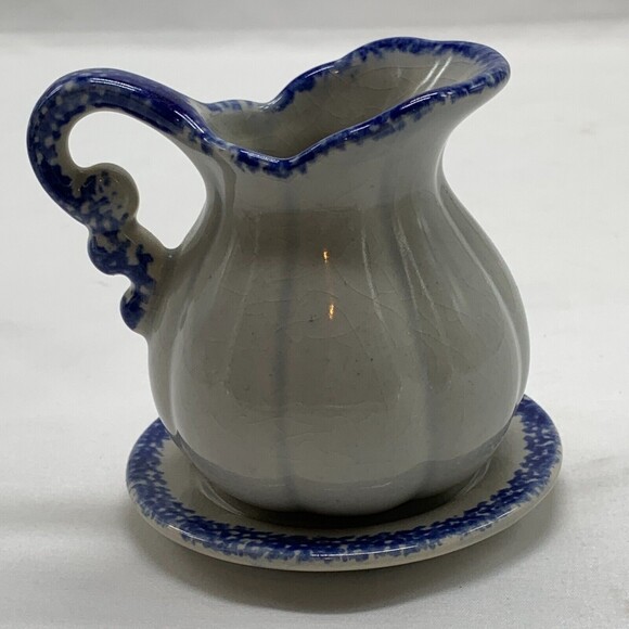Spongeware Pitcher with Blue Apple Pottery Country Folk Craft Crazing - Picture 5 of 6